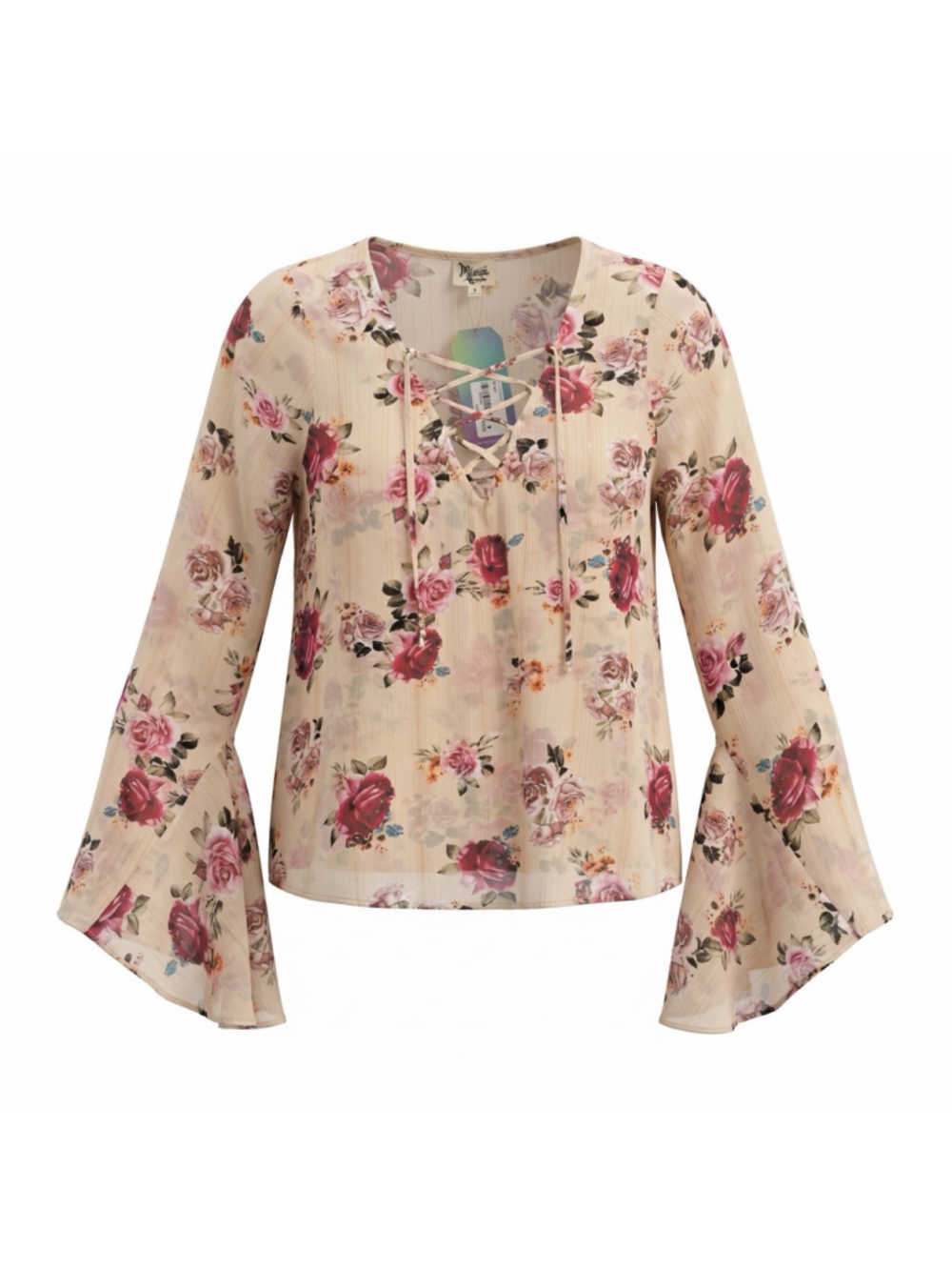 Show Me Your Mumu Boho Fairy Blouse Top Pink Floral Bell Sleeve Lace Up Womens S